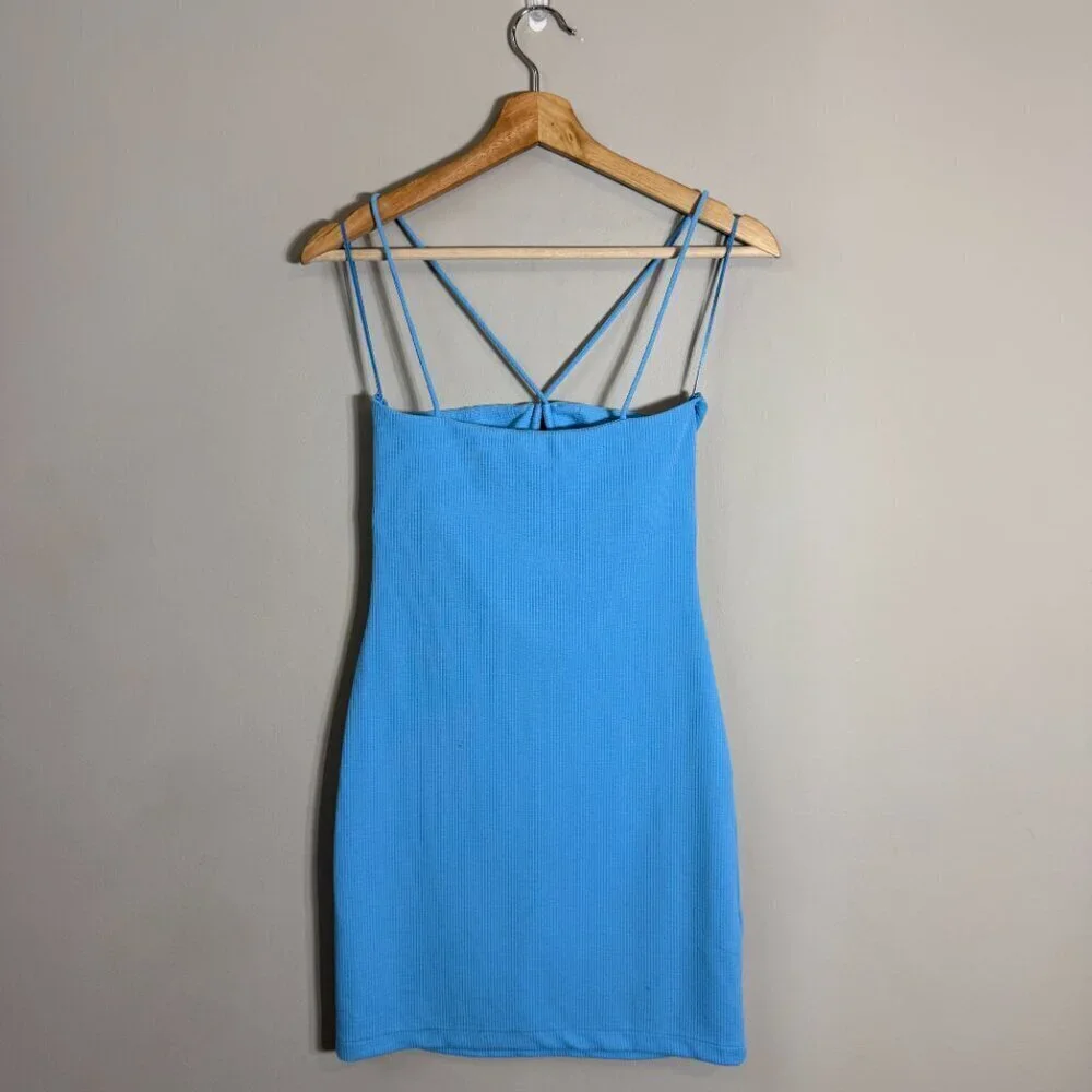 Mango Crisscross Strap Bodycon Mini Dress Women's 2 Blue Going Out Ribbed NWOT - Picture 5 of 14